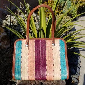 Handmade Woven Palm & Faux Leather Medium Shoulder Bag